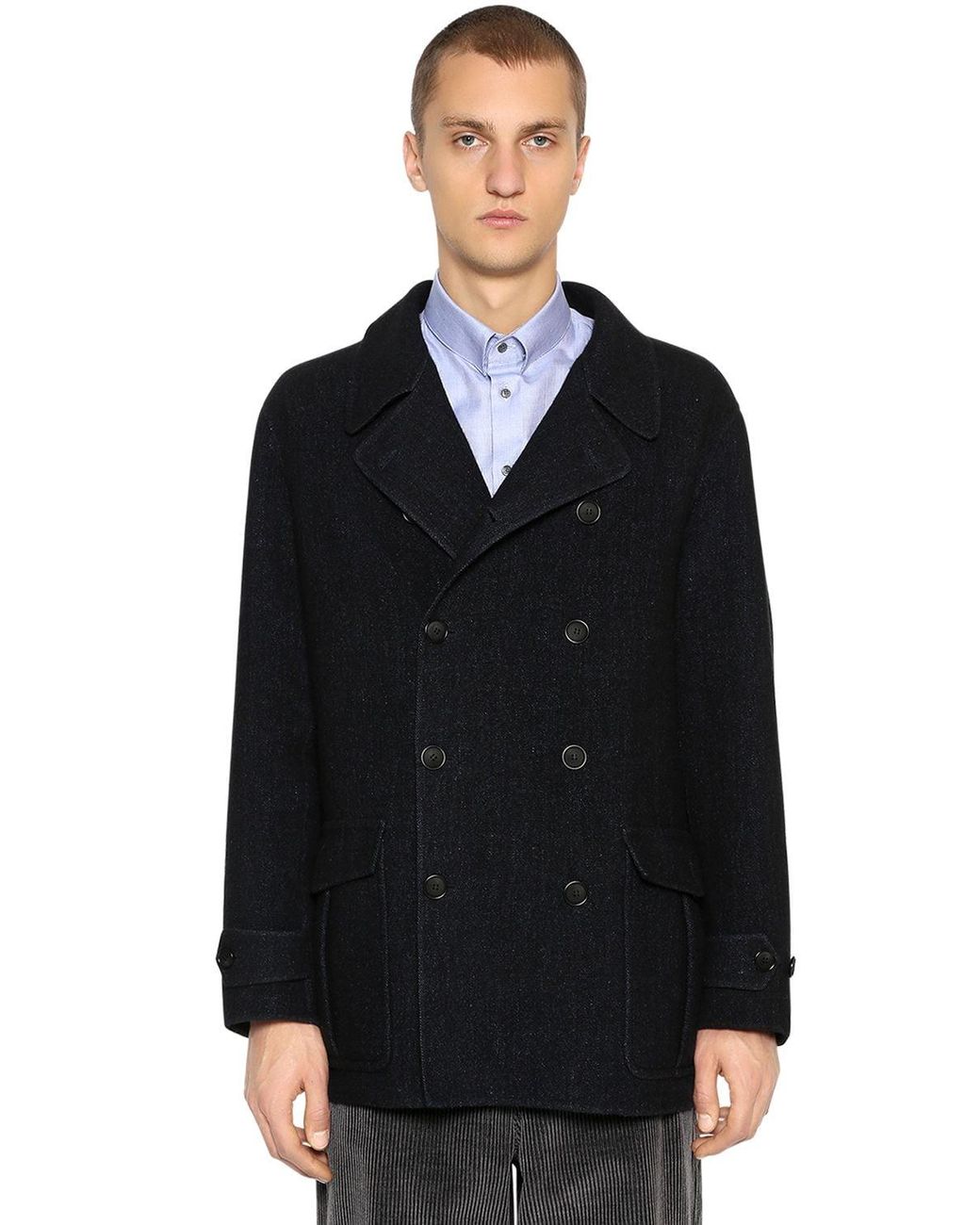 Giorgio Armani Double Breasted Wool Coat in Navy Mens Clothing Coats Short coats for Men Blue 