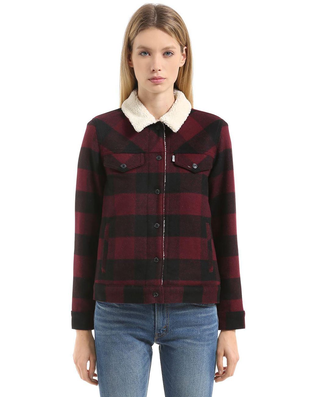 Levi's Plaid Wool Trucker Jacket in Red | Lyst