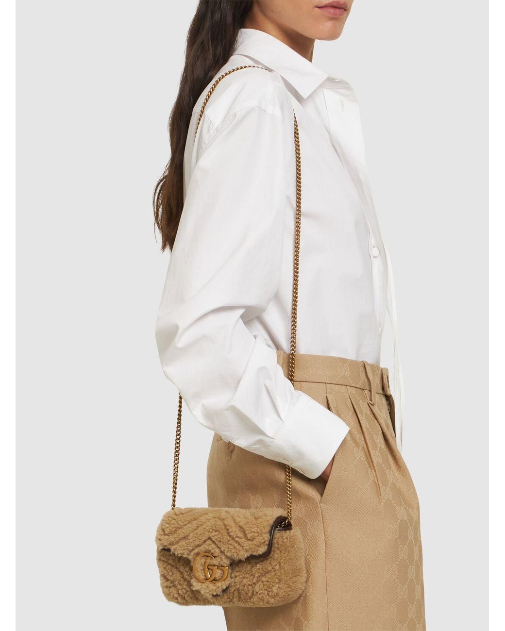 ショルダーバッグ・ポシェット Marmont Super Mini Shearling Bag in White Gucci Marmont Super Mini Shearling Bag in White For Sale at