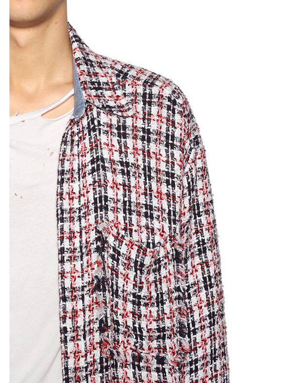 Faith Connexion Oversized Raw Cut Tweed Shirt in Navy/Red (Red 