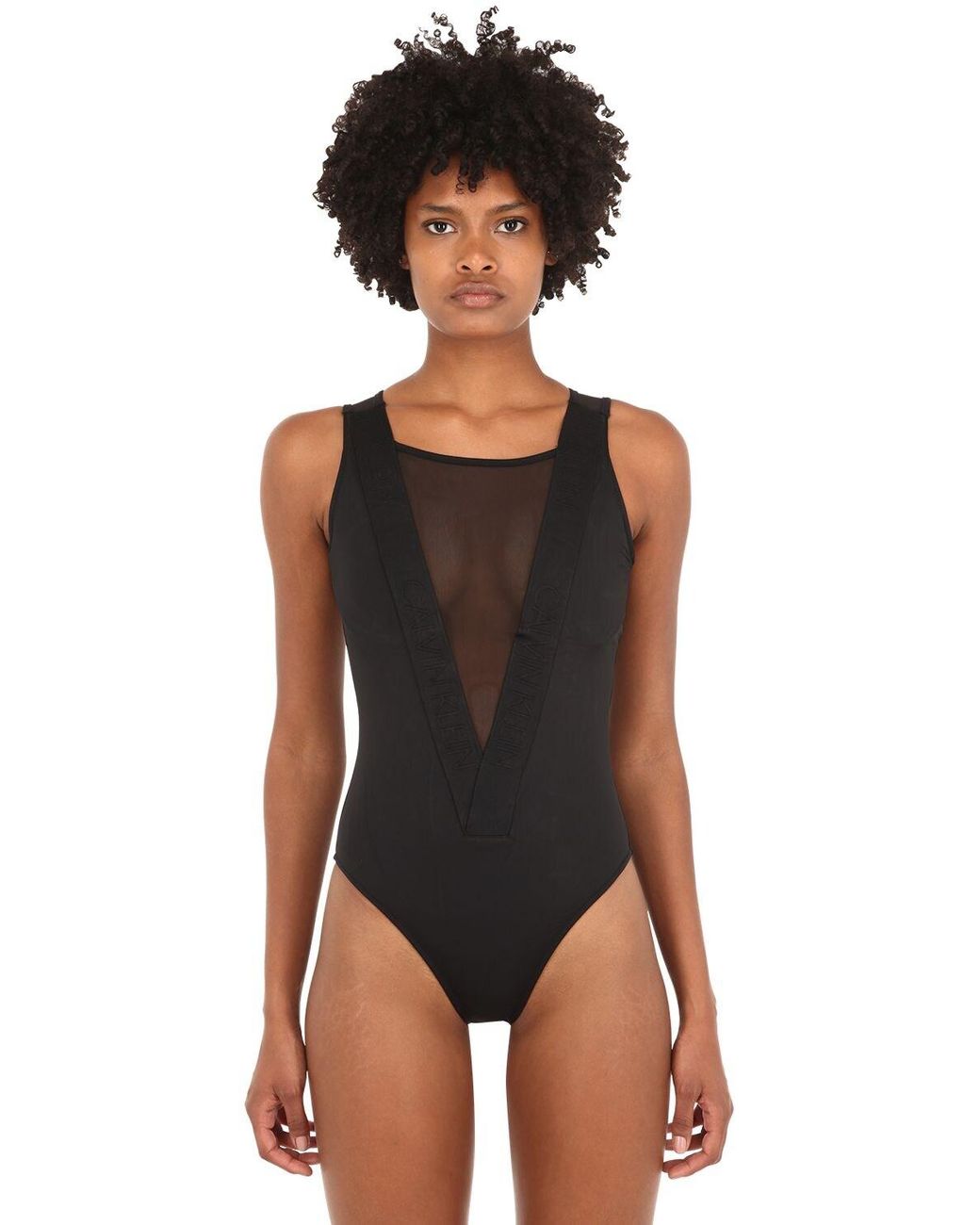 Calvin Klein Deep V Mesh One Piece Swimsuit in Black | Lyst