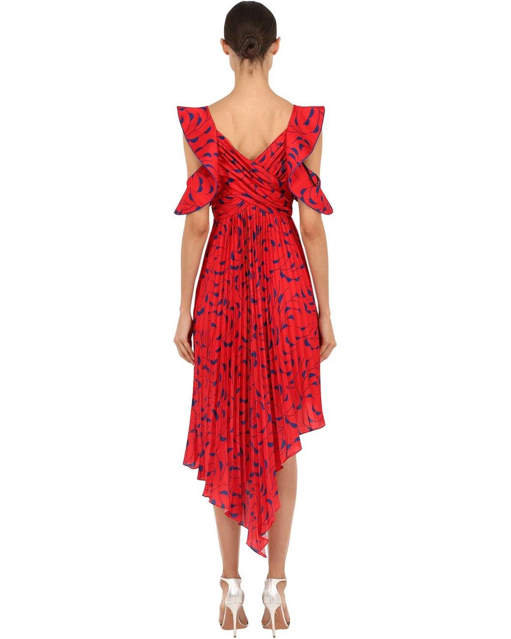 Self-Portrait Asymmetric Printed Satin Midi Dress in Red | Lyst Canada