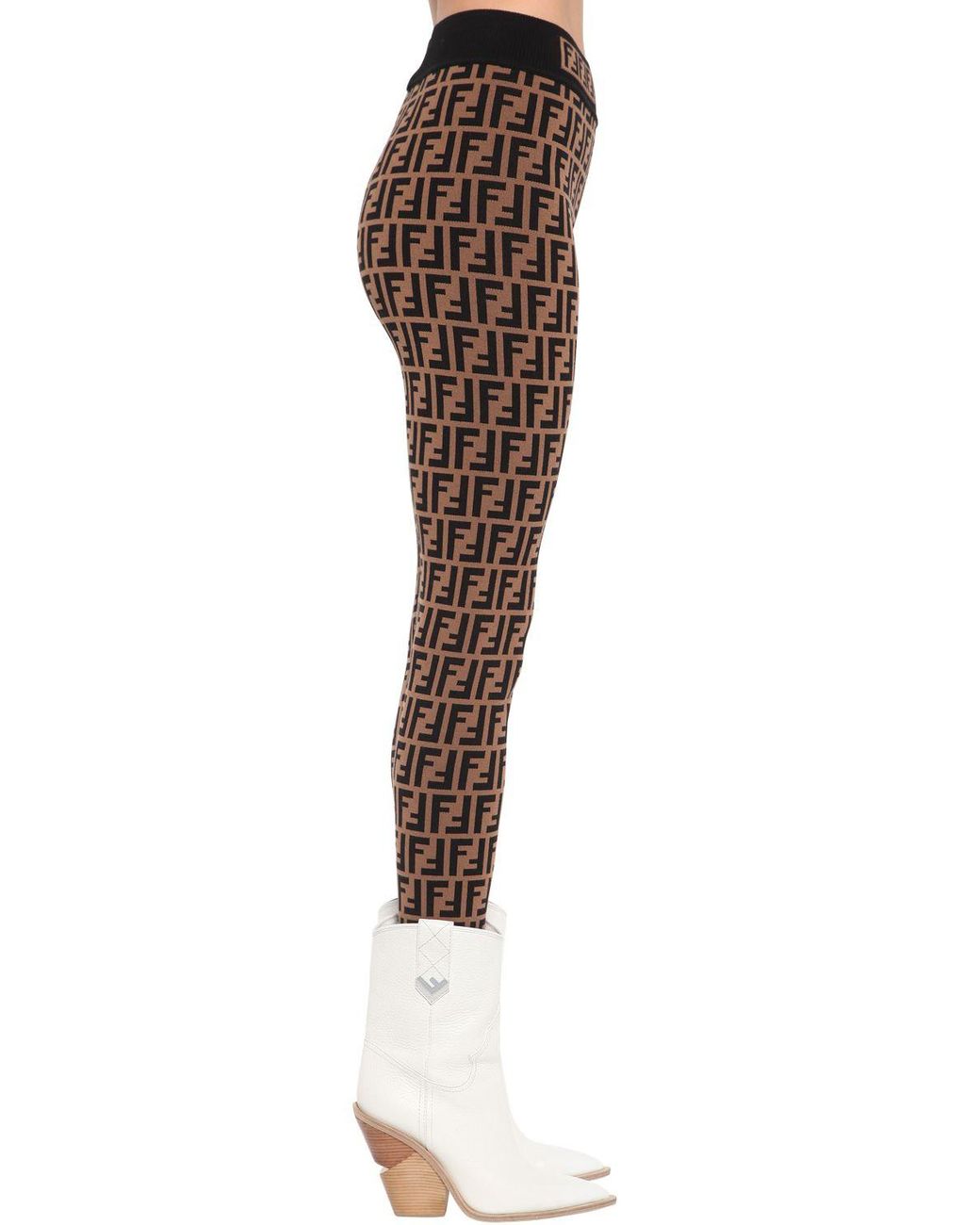 Fendi Logo Knit Leggings in Brown | Lyst