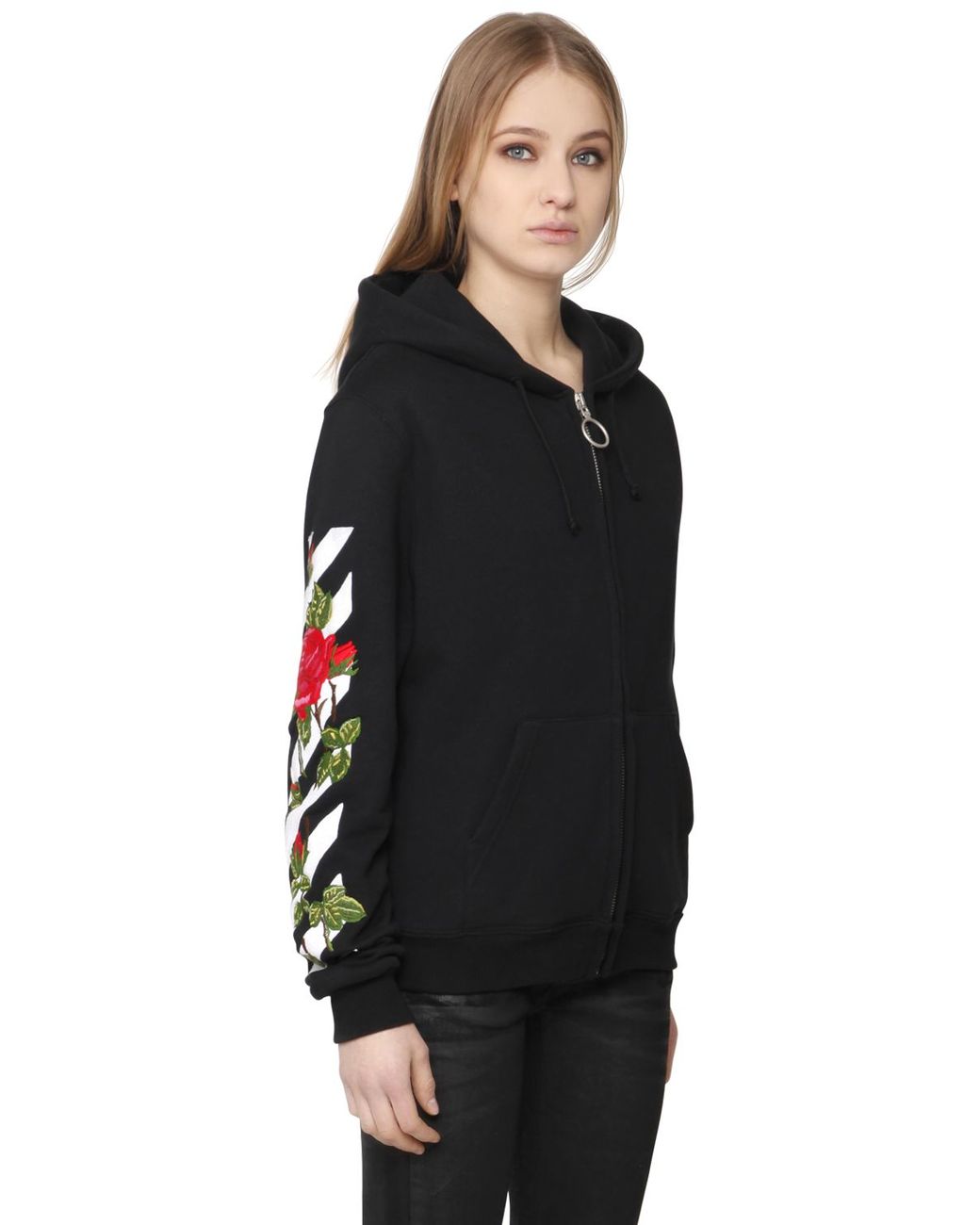 Off-White c/o Virgil Abloh Rose Embroidery Zip-up Cotton Sweatshirt in  Black | Lyst