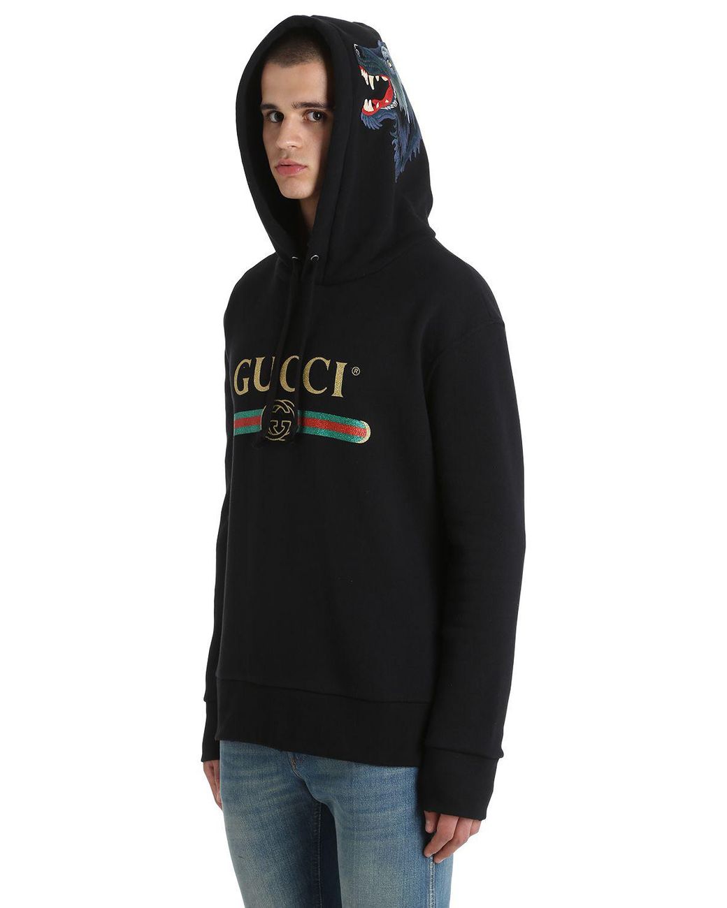 Gucci Wolf Patches Hooded Cotton Sweatshirt in Black for Men | Lyst