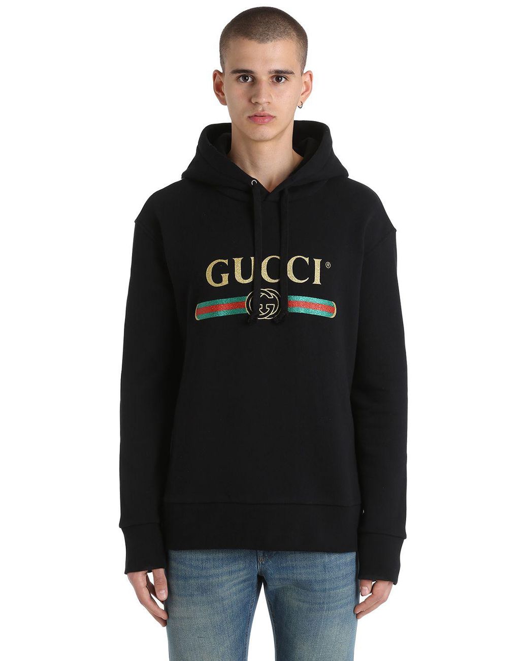 Gucci Wolf Patches Hooded Cotton Sweatshirt in Black for Men | Lyst