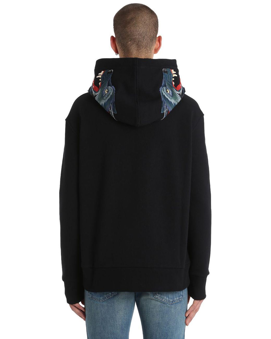 Gucci Wolf Patches Hooded Cotton Sweatshirt in Black for Men | Lyst