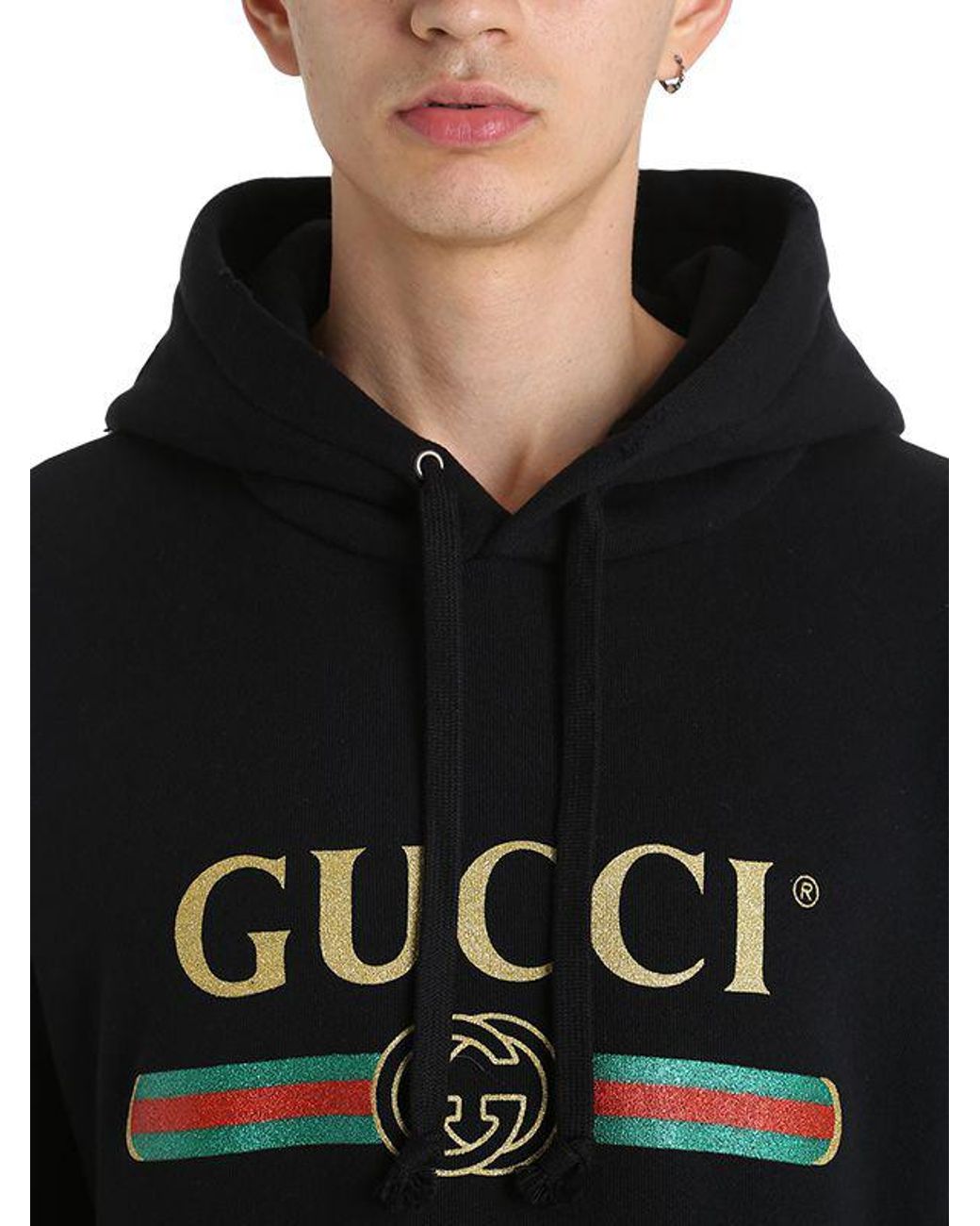 Gucci Wolf Patches Hooded Cotton Sweatshirt in Black for Men | Lyst