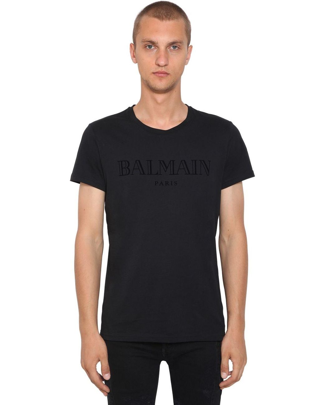 Balmain Flocked Logo Cotton Jersey T-shirt in Black for Men - Lyst