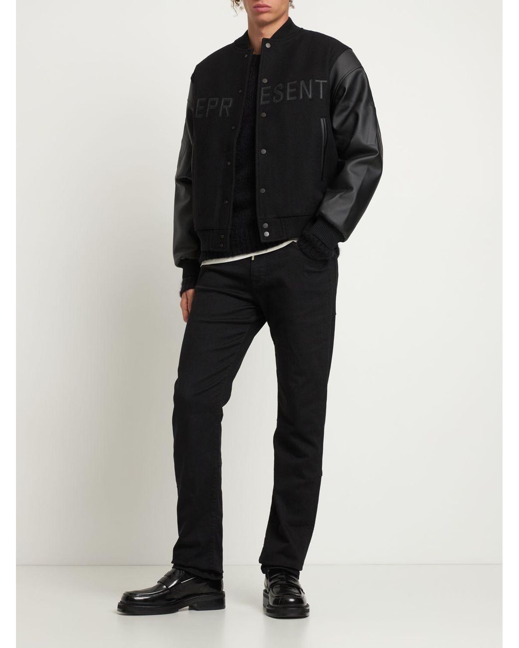 Represent Leather & Wool Blend Boxy Varsity Jacket in Black Represent Leather & Wool Blend Boxy Varsity Jacket in Black