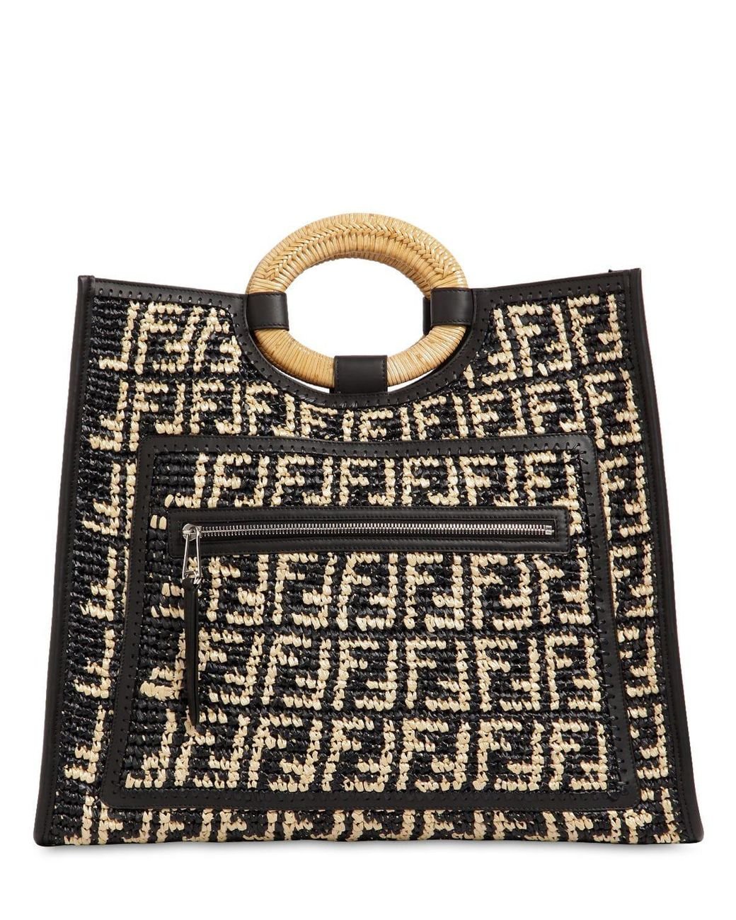 Fendi Runaway Large Ff Raffia Shopping Tote Bag in Black | Lyst