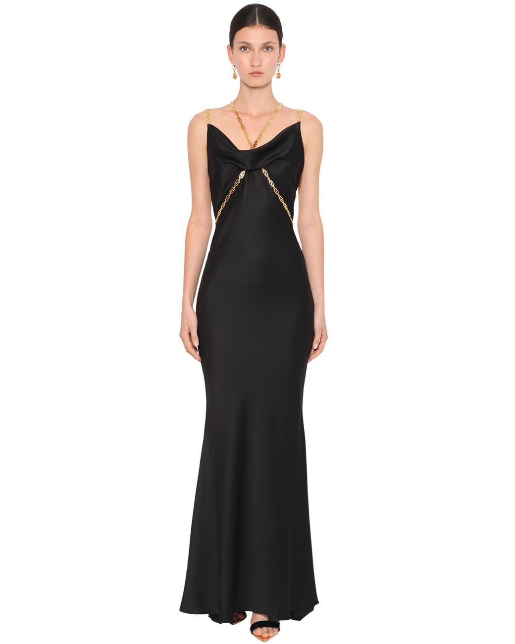 Versace Long Satin Dress W/ Gold Chain Detail in Black | Lyst UK