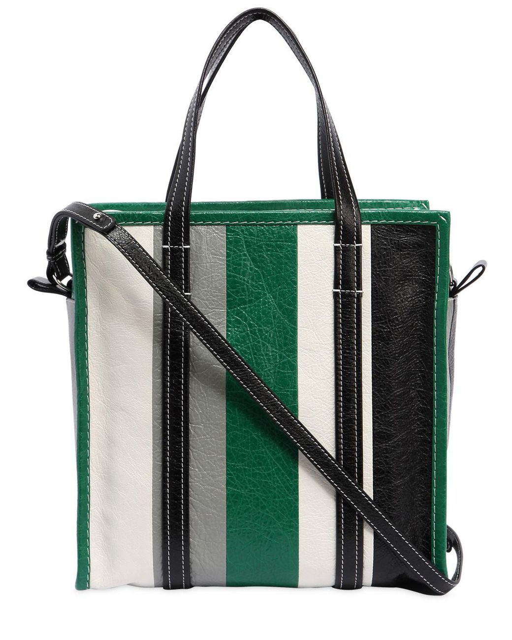 Balenciaga Small Bazar Striped Leather Tote Bag in Green | Lyst