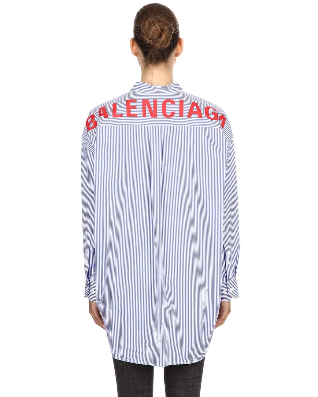 Balenciaga Oversize Logo Print Striped Poplin Shirt in Blue Lyst
