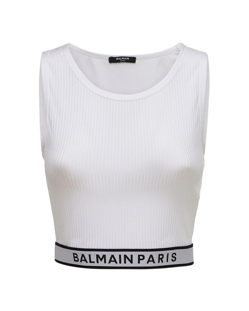 Balmain Ribbed Stretch Tech Microfiber Crop Top in White