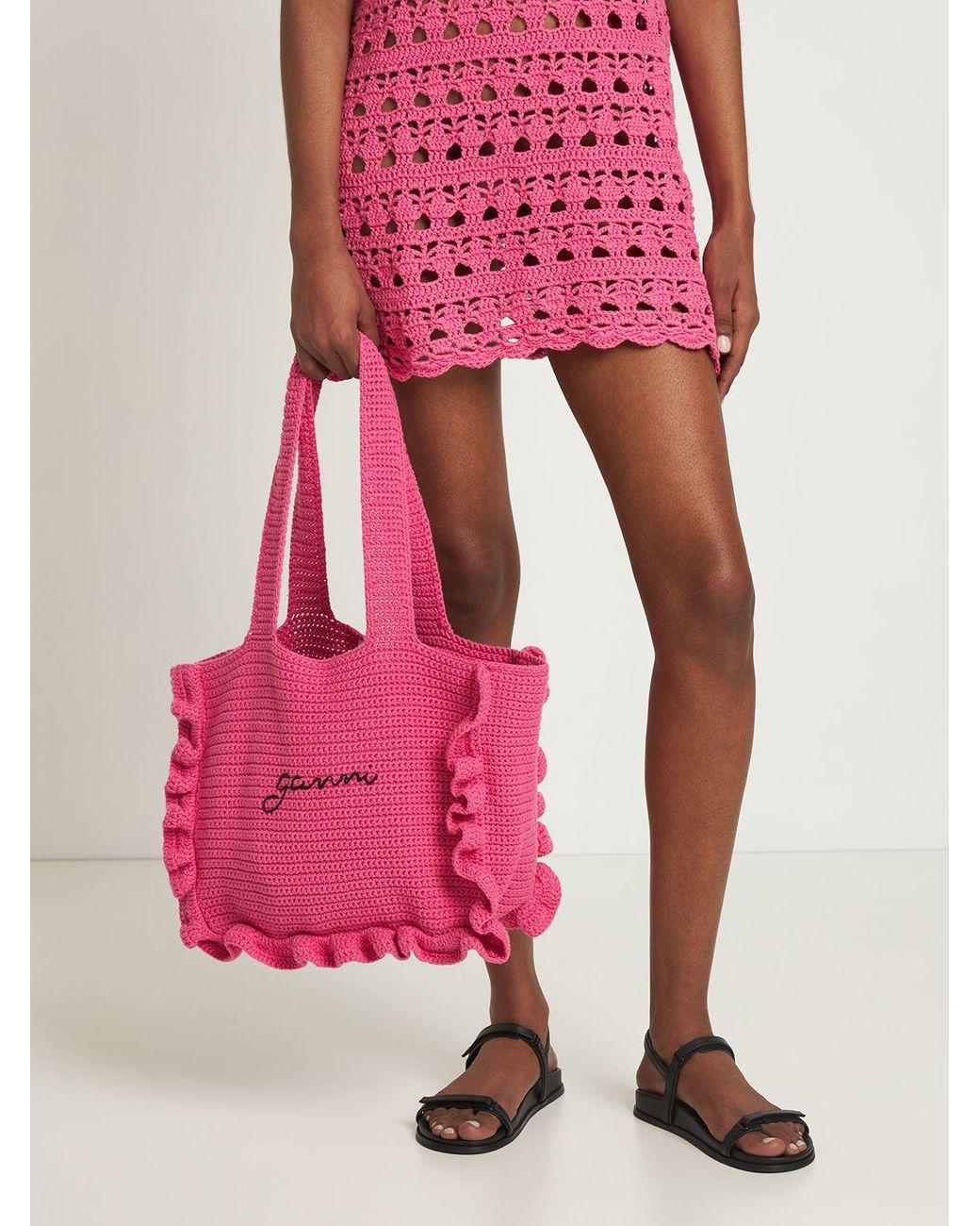 ■Ganni■ Cotton Crochet Frill Tote Bag Shocking Pink A47024 Ganni Cotton Crochet Frill Tote Solid in Shocking Pink | REVOLVE