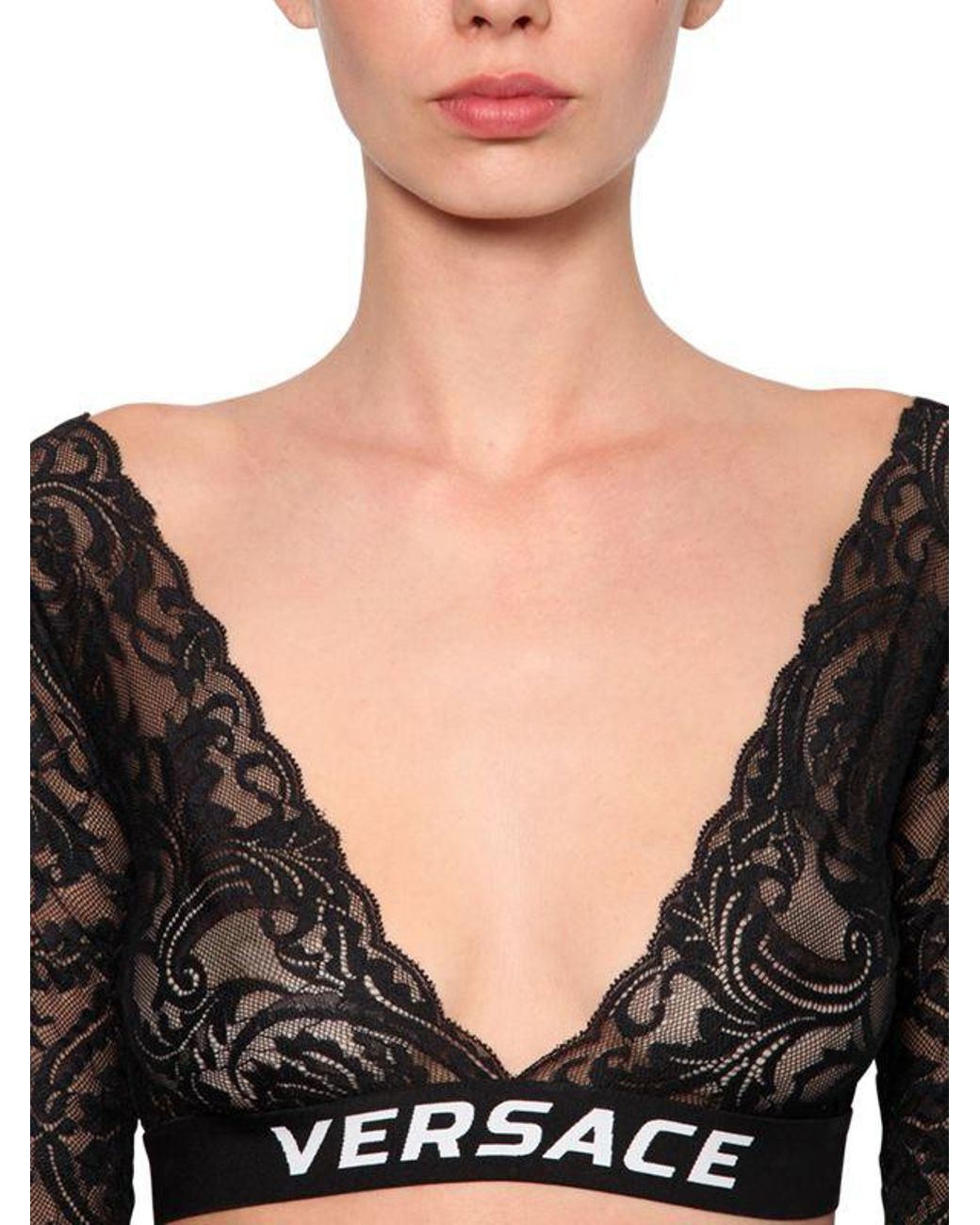 Versace Logo Printed Lace Bra Top in Black | Lyst