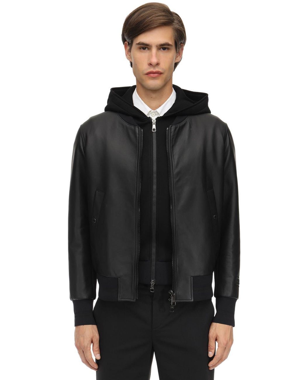 Neil Barrett Hooded Leather Bomber Jacket in Black for Men - Lyst
