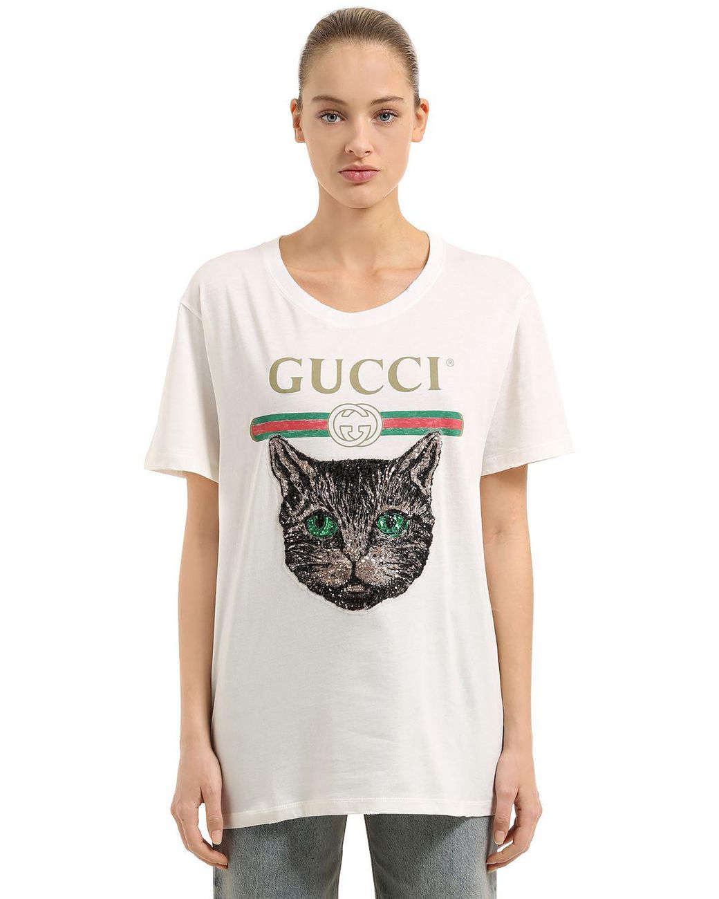 montering Mordrin Borgerskab Gucci Logo T-shirt With Mystic Cat in White | Lyst