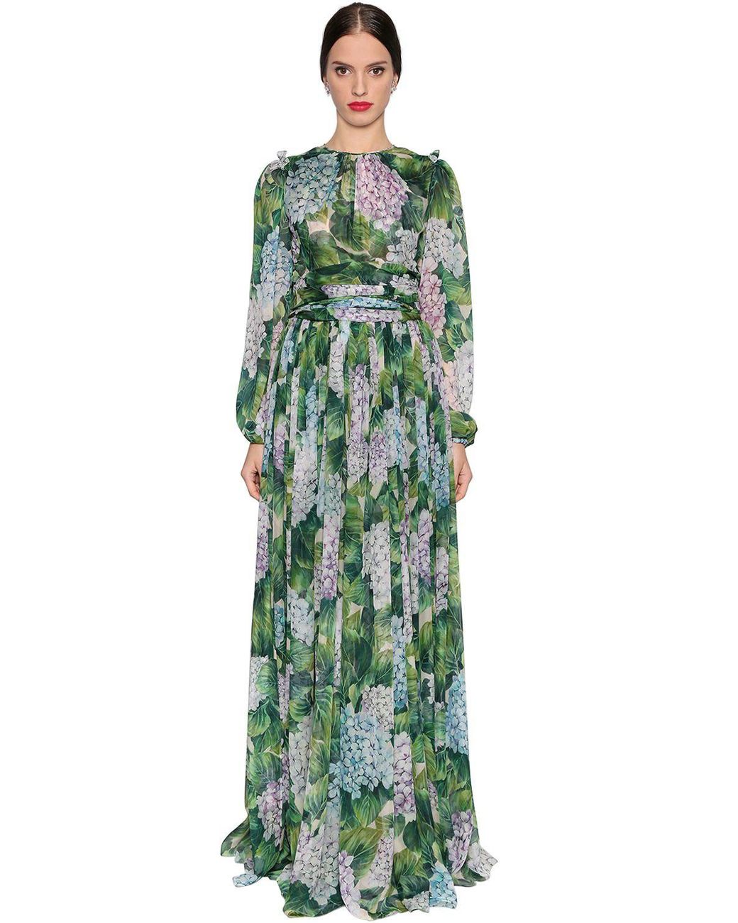 Dolce & Gabbana Hydrangea Printed Silk Chiffon Dress in Green | Lyst