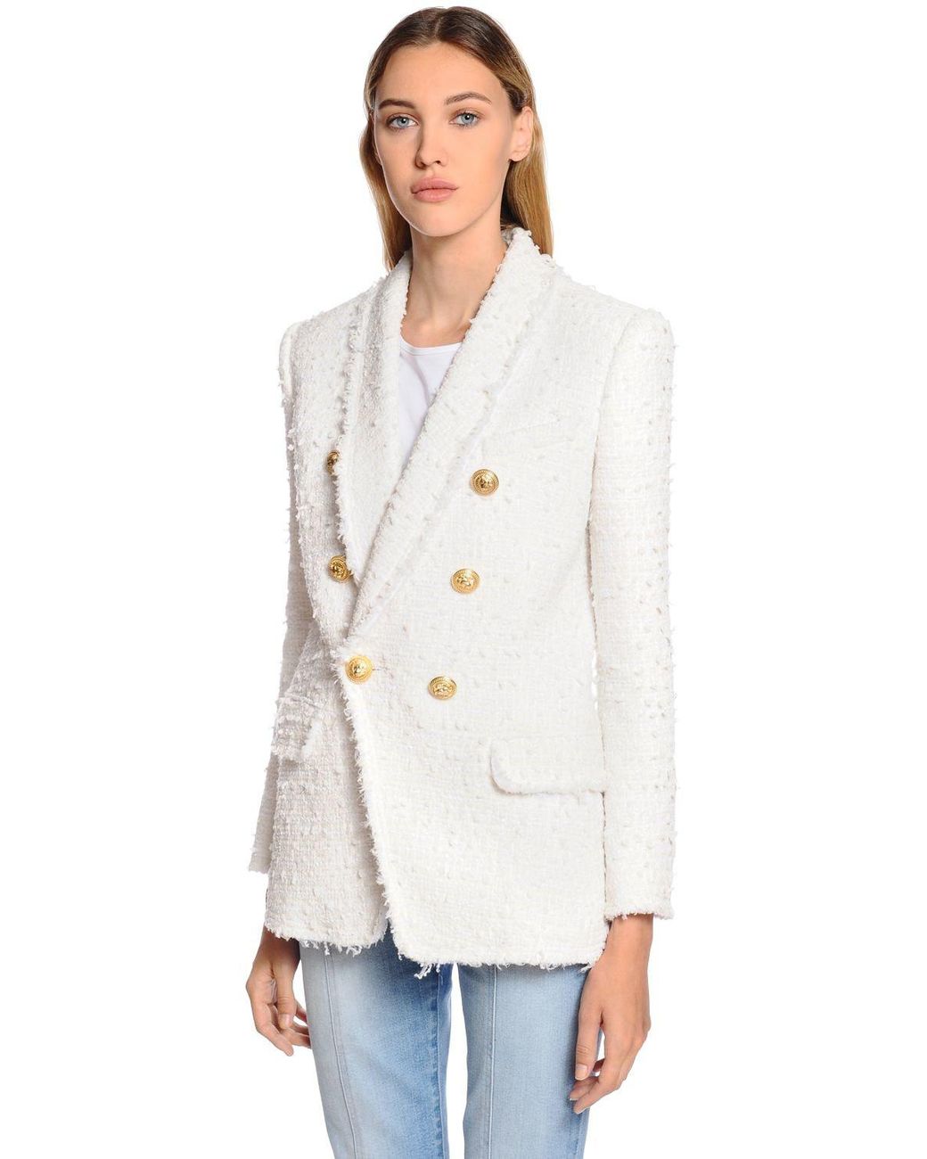 Balmain Double Breasted Fringed Tweed Blazer in White | Lyst