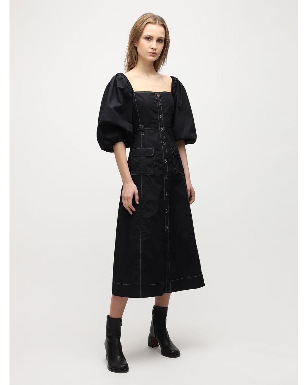 Ganni Ripstop Organic Cotton Poplin Dress in Black | Lyst