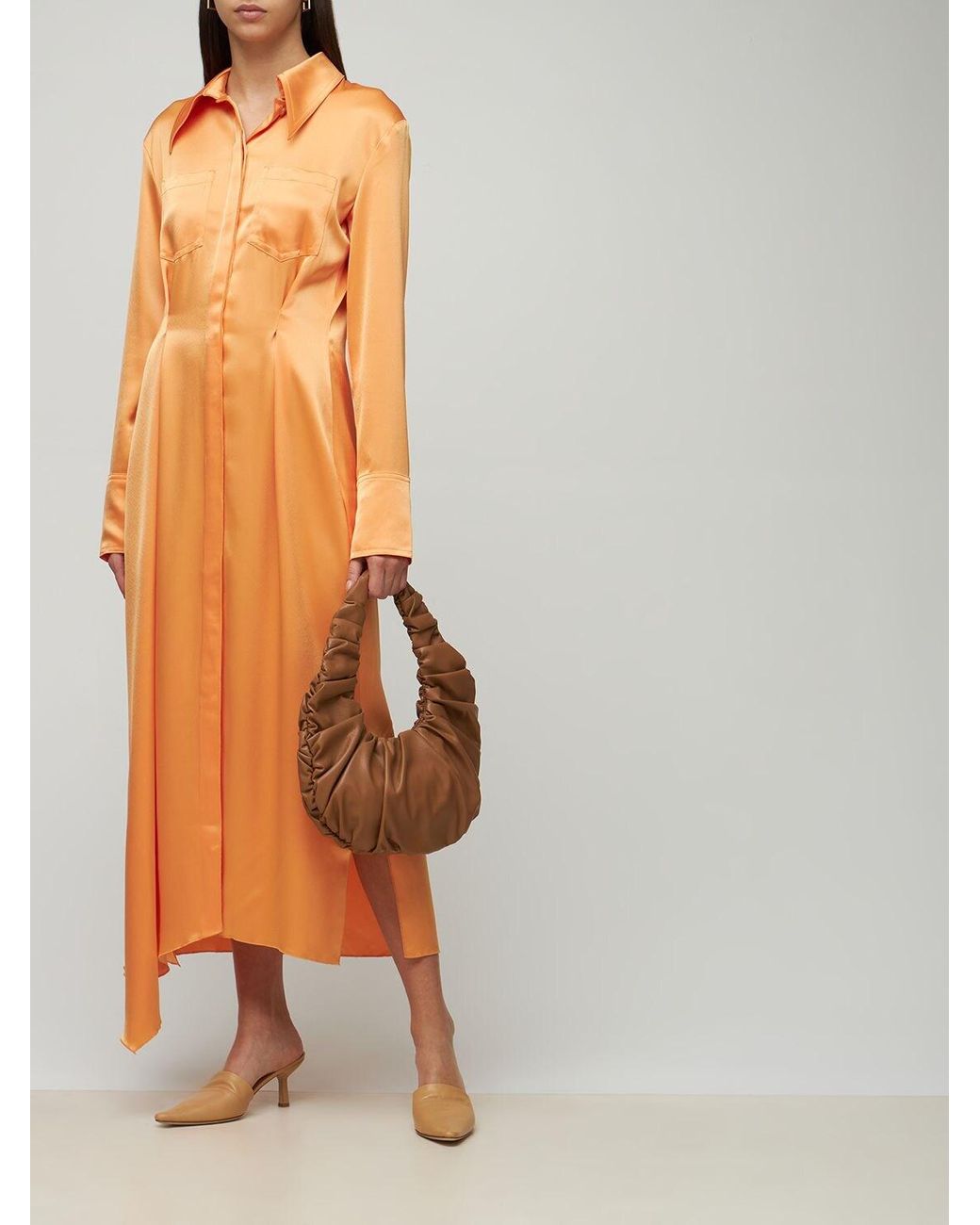 Nanushka Mamo Satin Shirt Midi Dress in Orange | Lyst