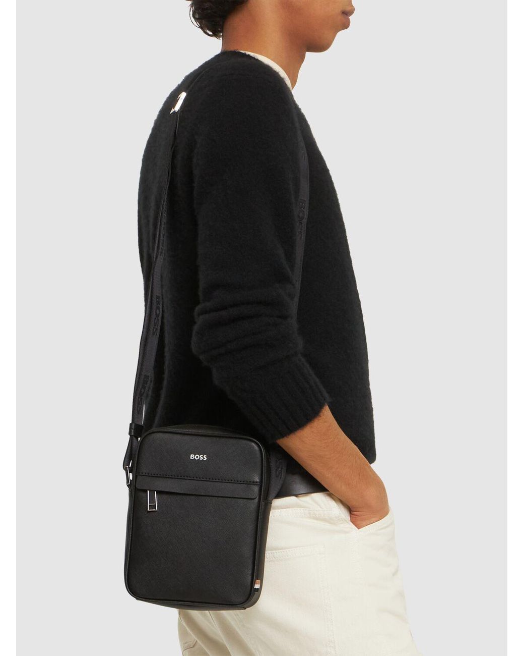 メンズ BOSS Zair レザージップクロスボディバッグ ブラック | Lyst