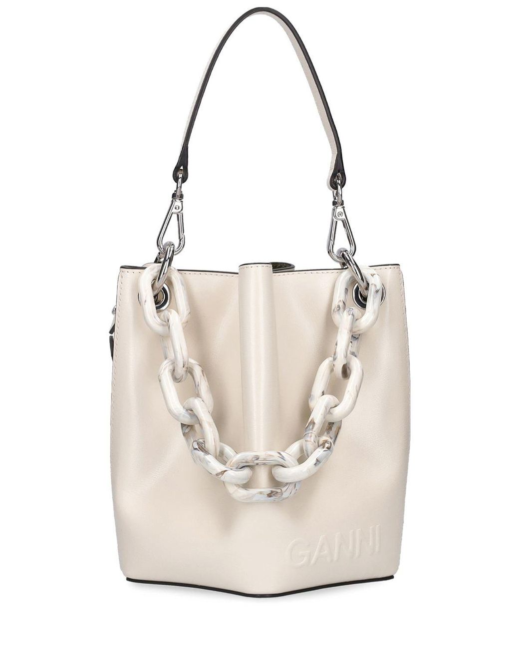 Ganni Small Diamond Leather Bucket Bag in White | Lyst