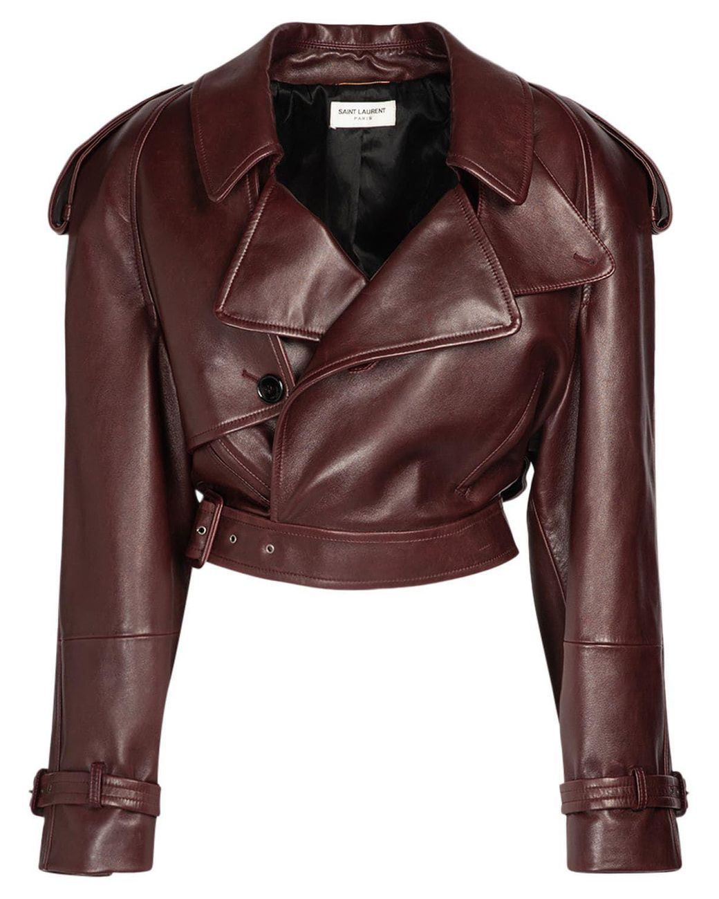 Saint Laurent Cropped Leather Jacket in Brown | Lyst