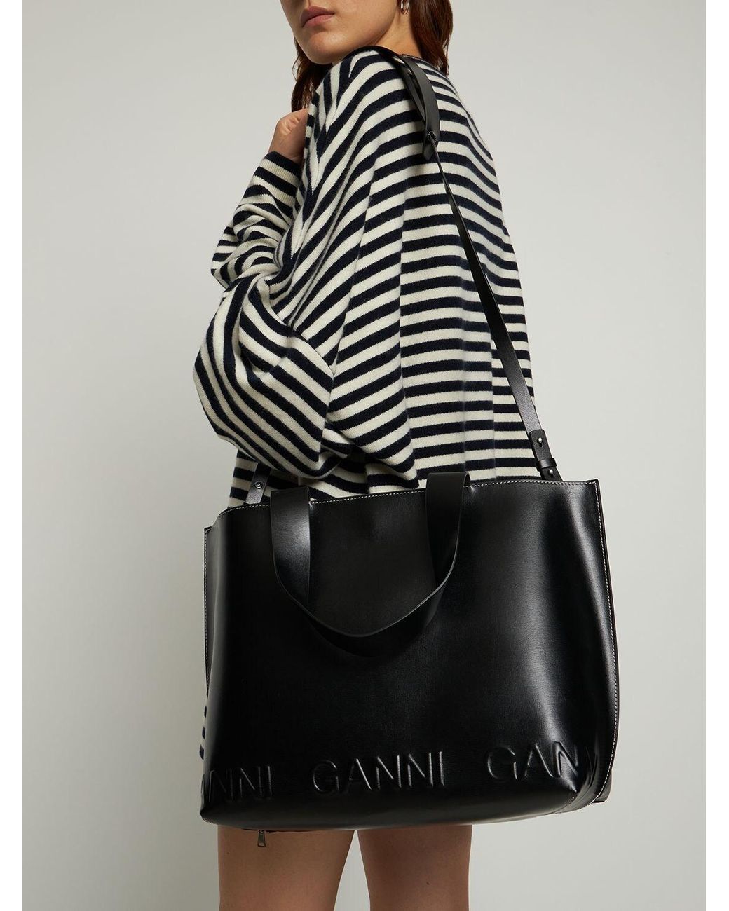 Ganni Banner East West Leather Tote in Black Lyst UK