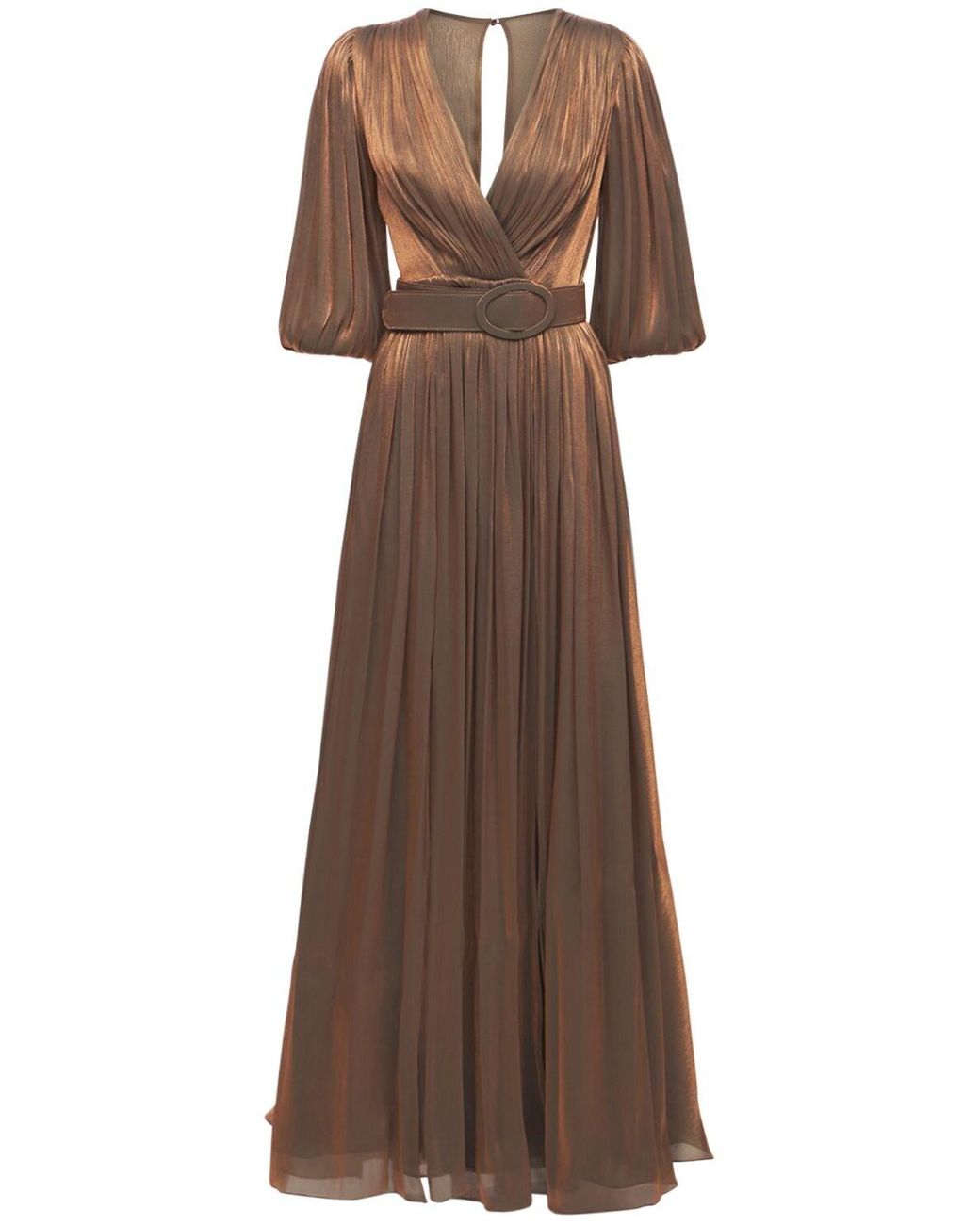 Costarellos Belted Lurex Georgette Draped Gown in Brown | Lyst