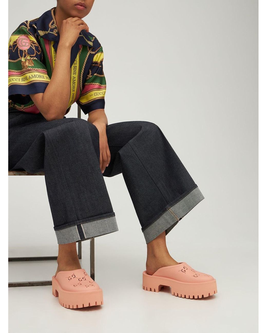 Gucci 55mm Elea Perforated G Platform Sandals in Pink | Lyst