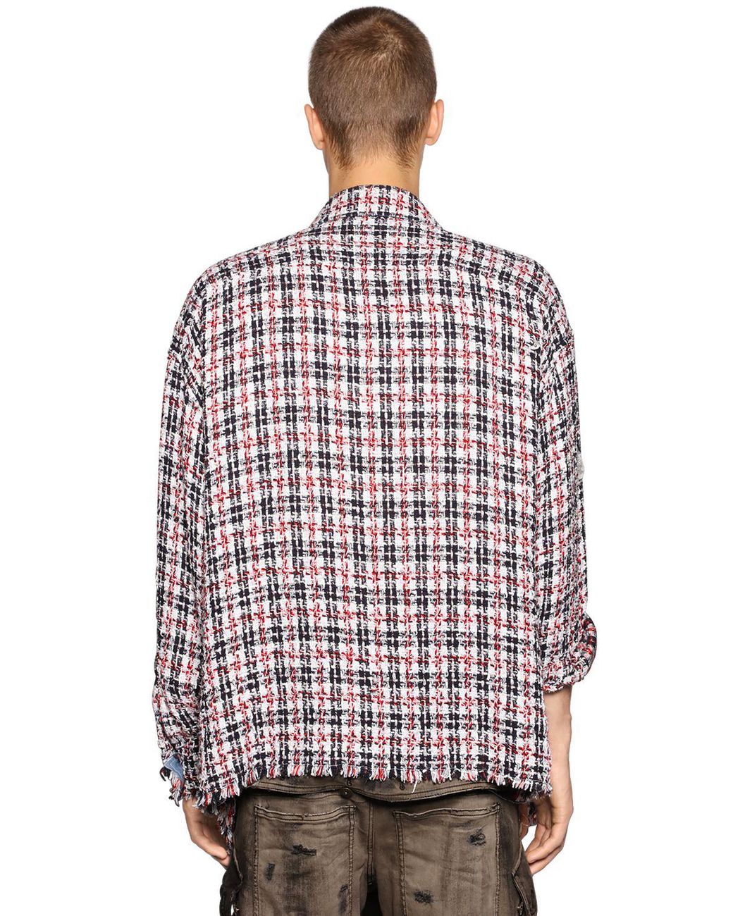 Faith Connexion Oversized Raw Cut Tweed Shirt in Navy/Red (Red Faith Connexion Oversized Raw Cut Tweed Shirt in Navy/Red (Red