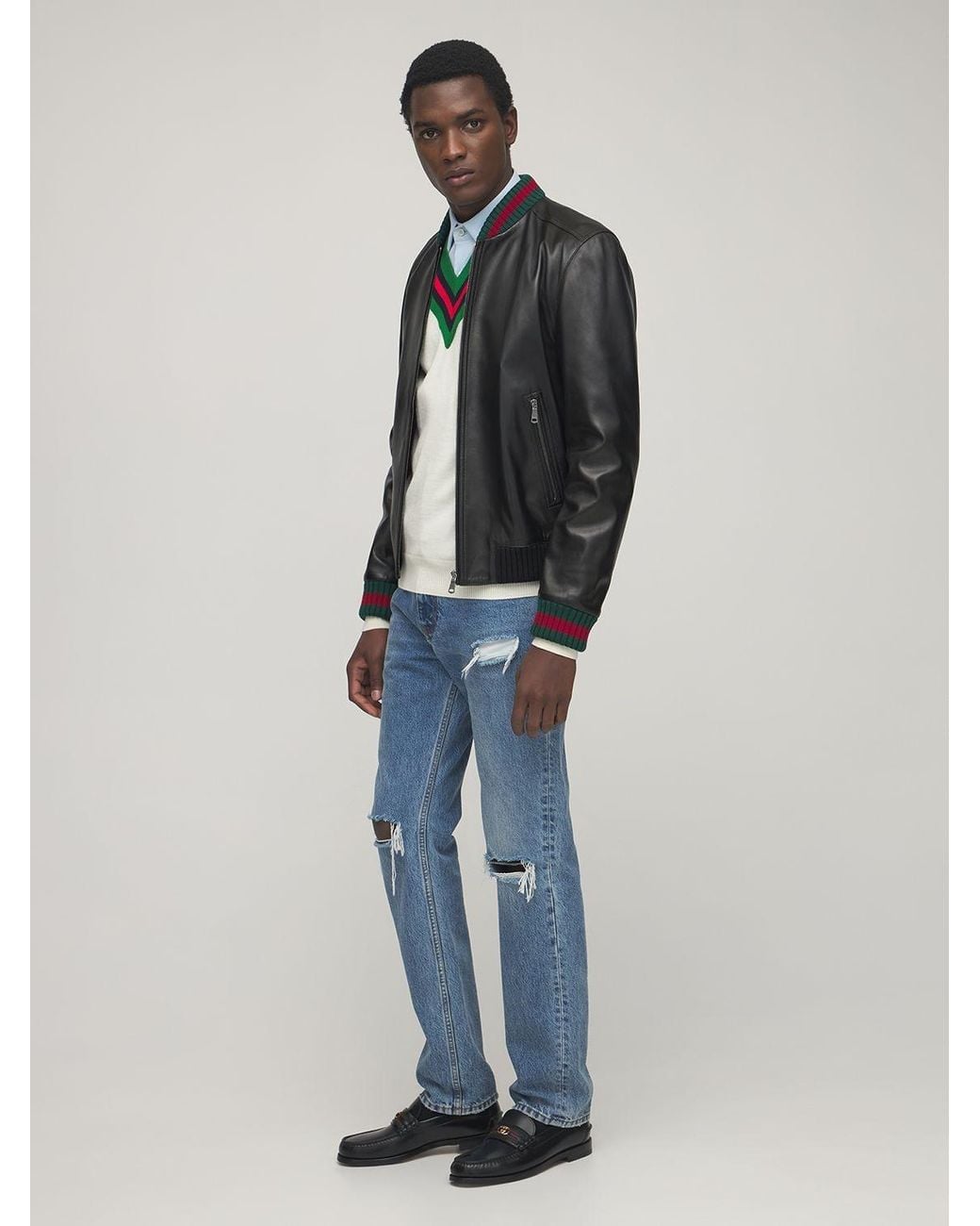 gucci leather jacket with web