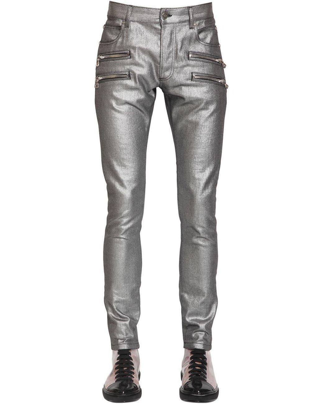 Balmain 15cm Laminated Slim Cotton Denim Jeans in Silver (Metallic) for Men  - Lyst