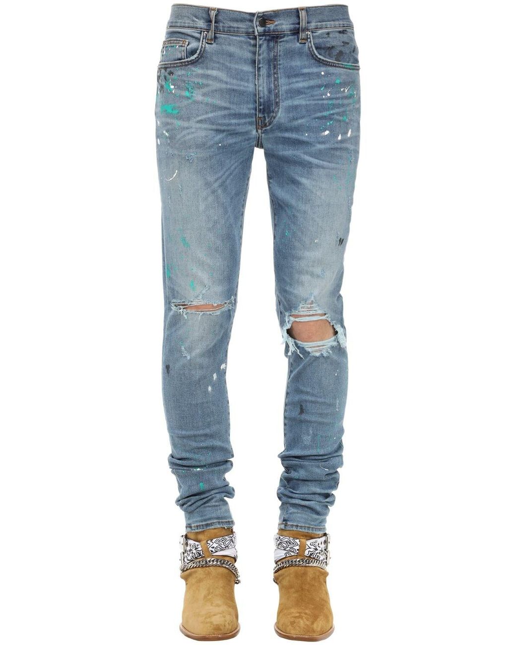 Amiri 15cm Paint Splatter Cotton Denim Jeans in Blue for Men - Lyst