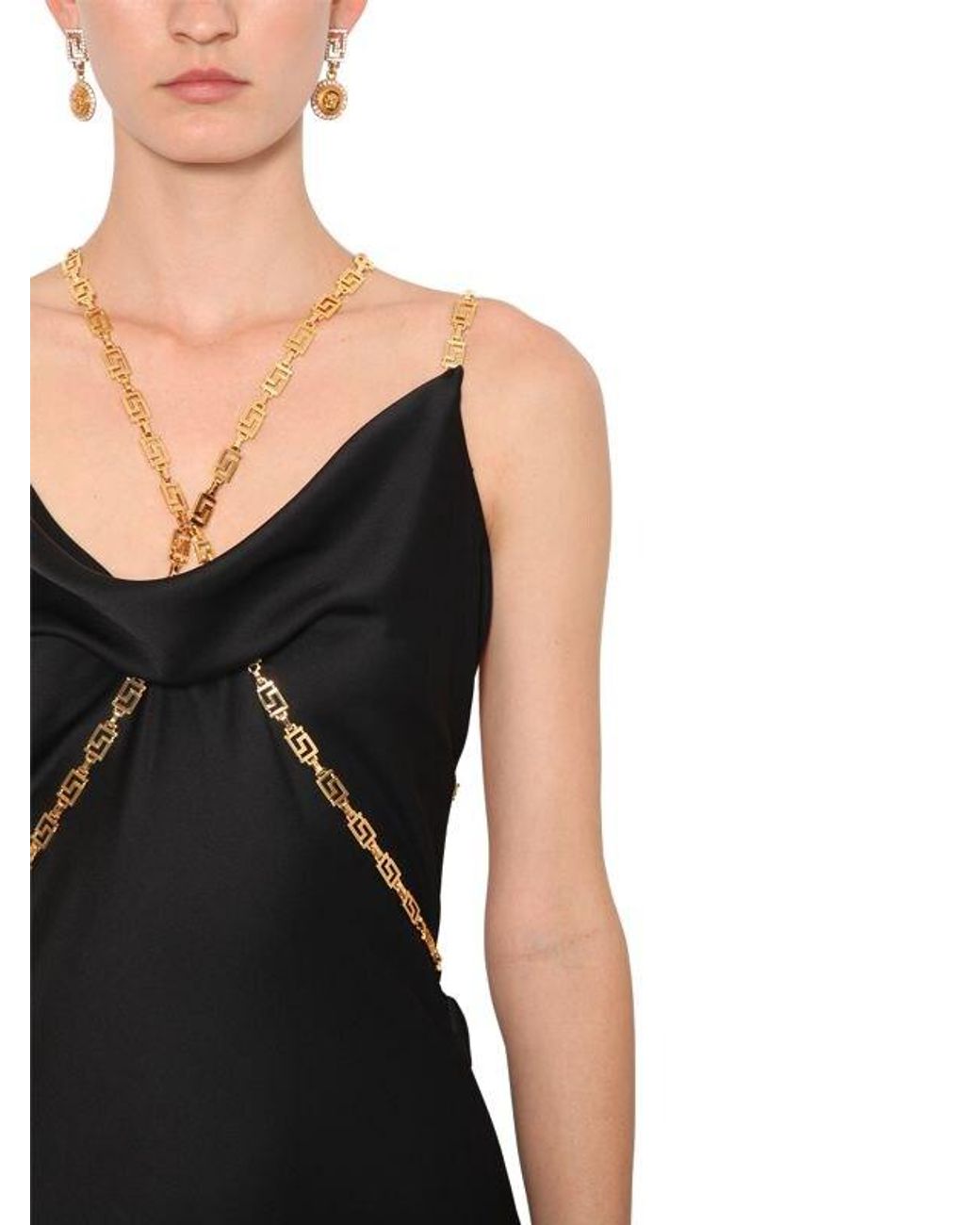 Versace Long Satin Dress W/ Gold Chain Detail in Black | Lyst