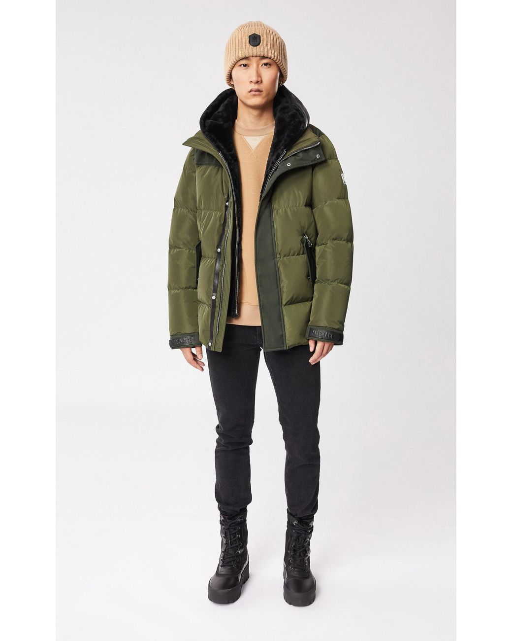 Mackage Leather Riley Down Jacket With Removable Shearling Bib In Army