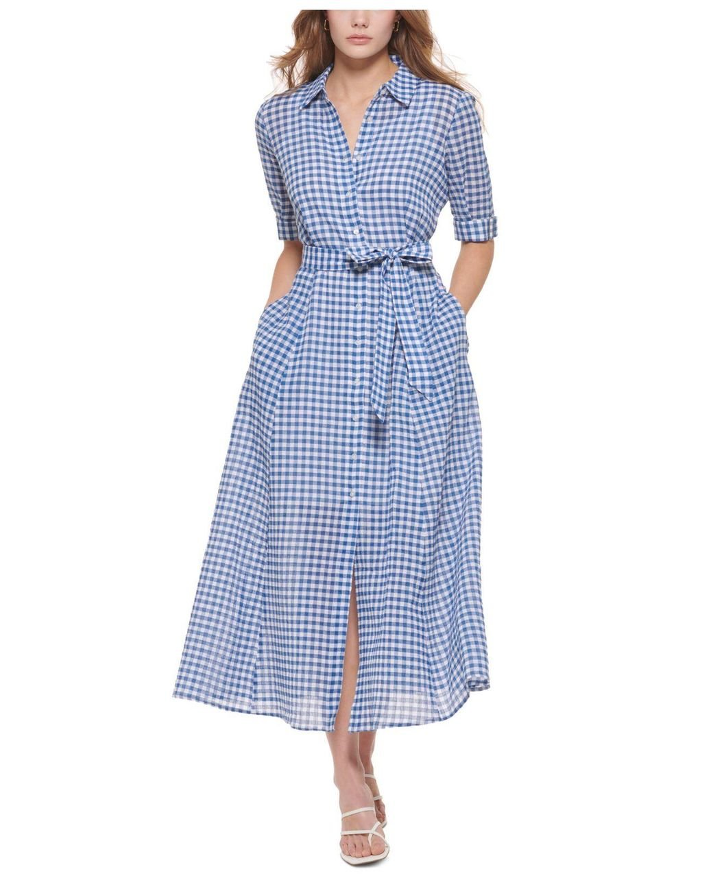 Calvin Klein Gingham Belted Midi Shirtdress in Blue | Lyst