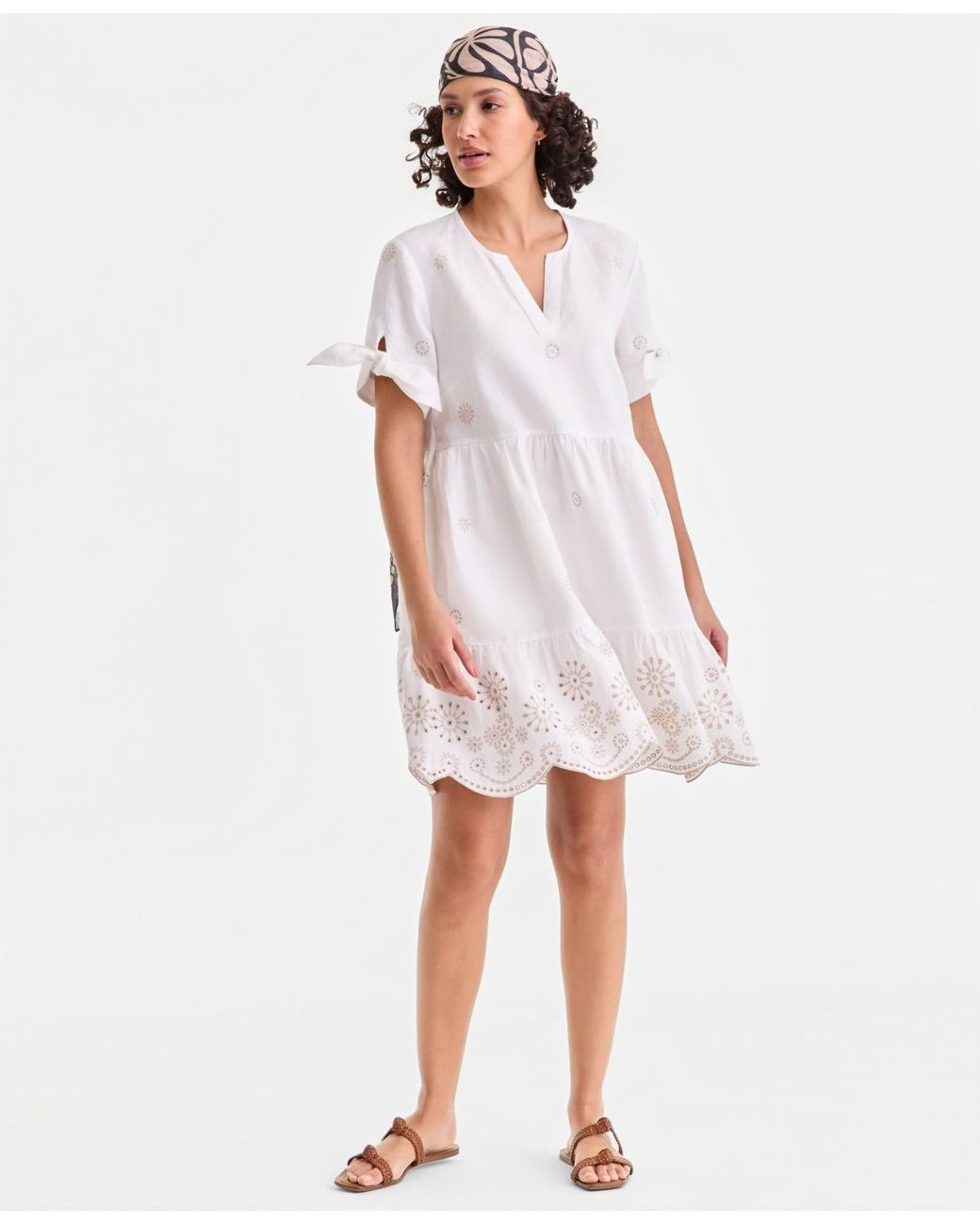 charter club linen dress 100% Eyelet-trim Tiered Mini in White Petite linen Imprimables vintage | Stars product_Ledley minimalist silhouette with a Color:Lime_Green