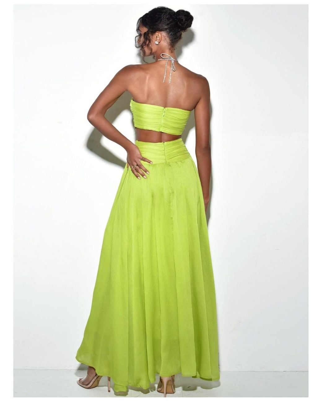 green lemon dress Miss Circle Quinby Chiffon Pleated Lace Up Maxi in lemon green dress for wedding