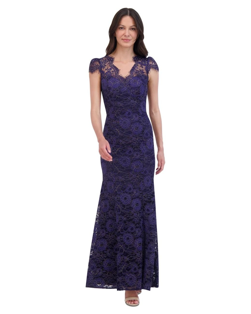 Eliza J Metallic Floral Lace Cap sleeve Gown in Blue Lyst