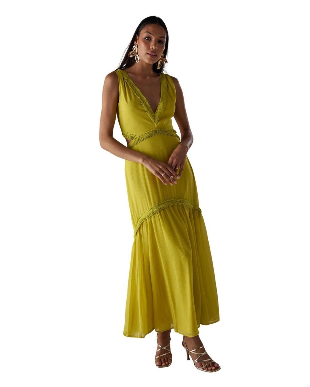 Warehouse Green Chiffon Fringe Trim Cut Out Maxi Dress