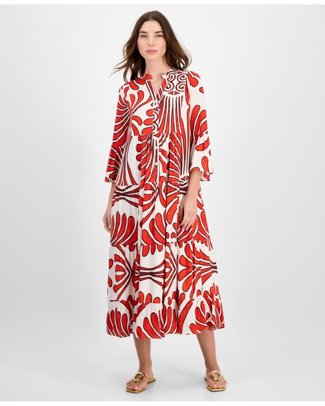 t tahari printed tiered midi dress T Tahari Flutter Sleeve Printed Tiered Midi Dress