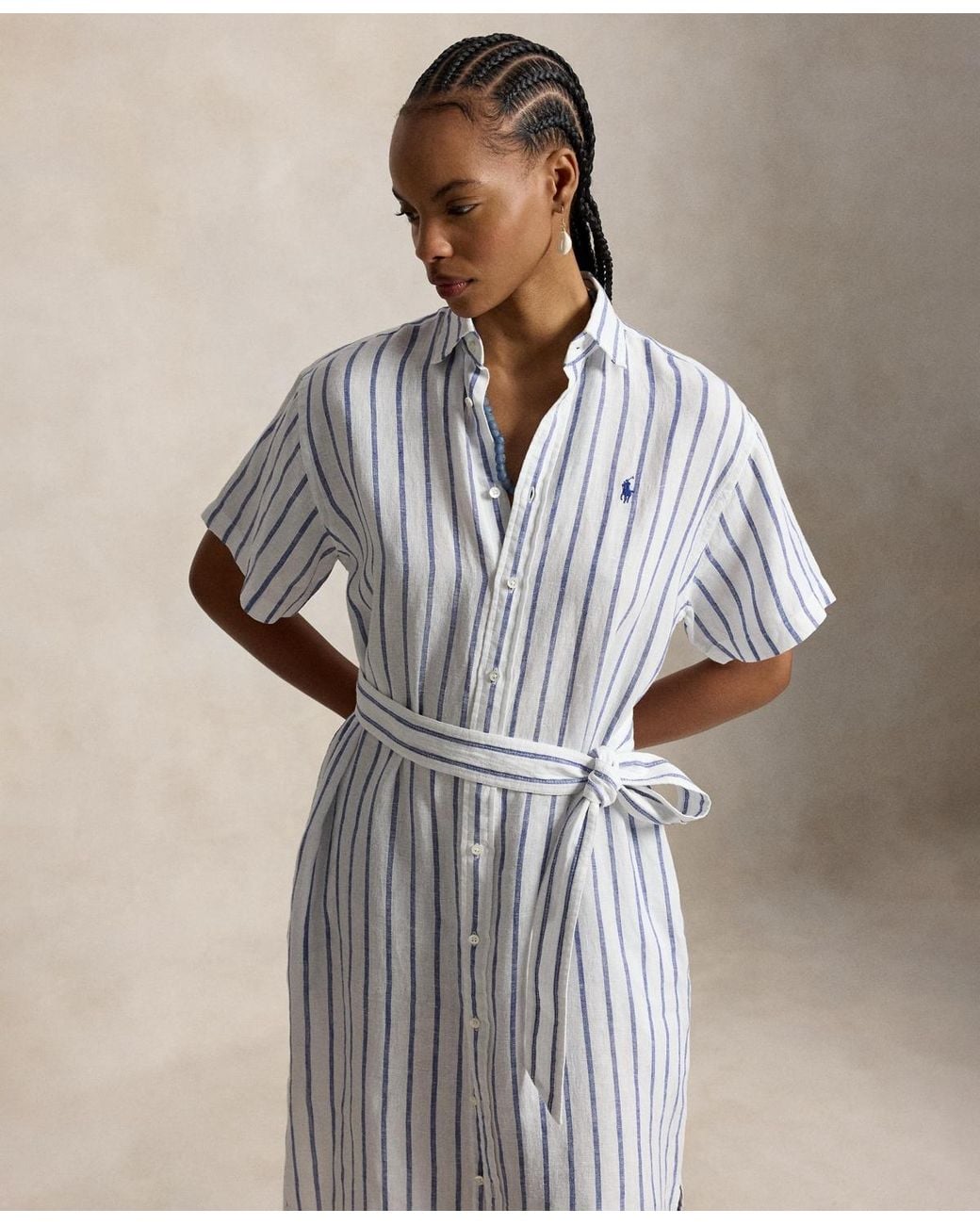 Polo Ralph Lauren Natural Striped 100% Linen Short-sleeve Shirtdress