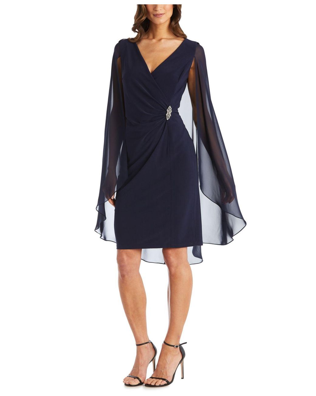R & M Richards Petite Embellished Chiffon Cape Dress in Navy Blue (Blue ...