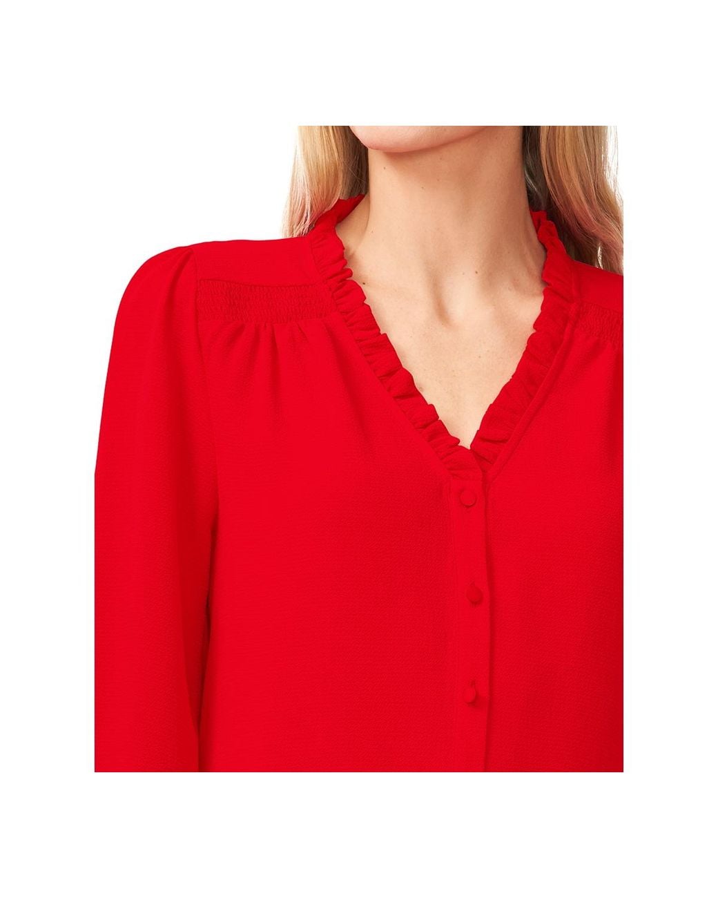 Cece Red Ruffled Button-front 3/4-sleeve Blouse