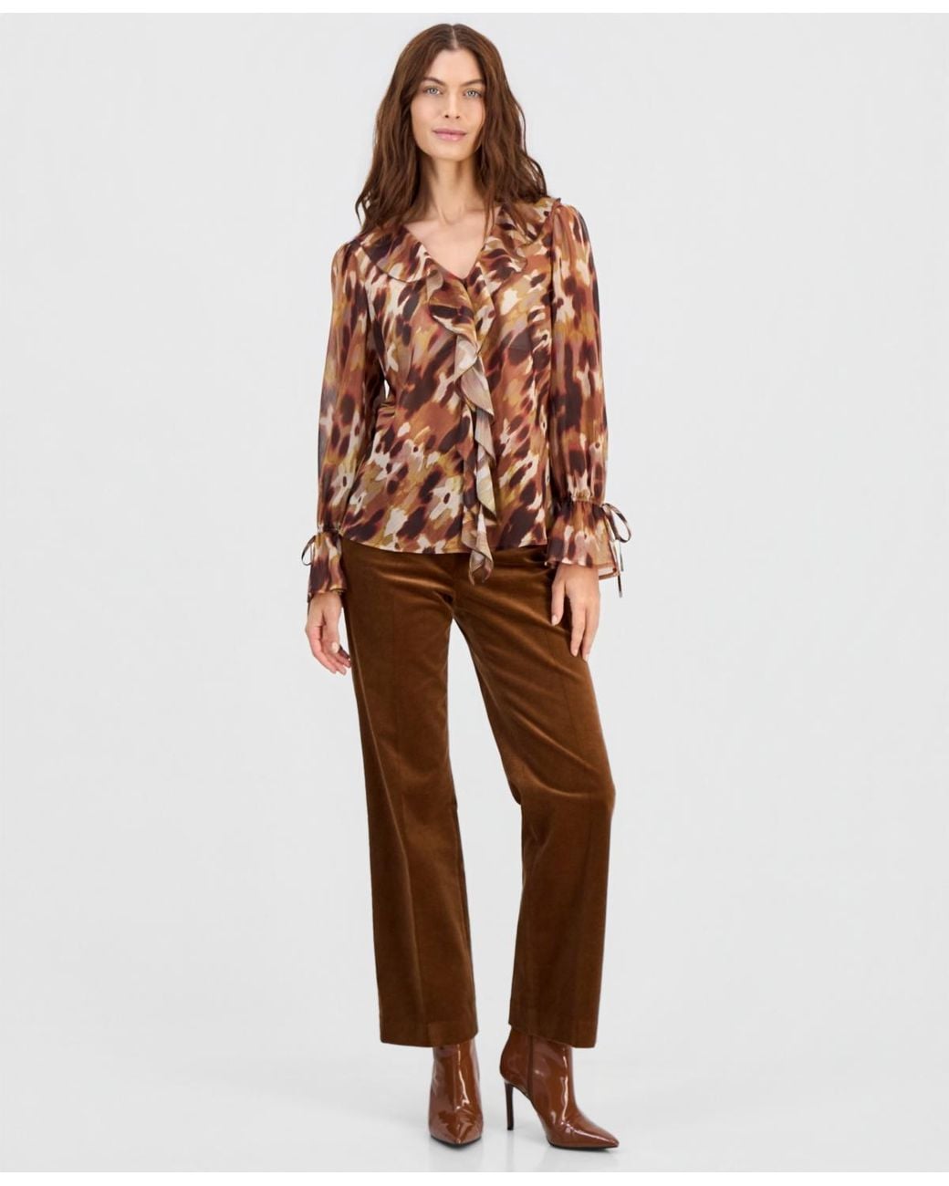 Tahari Brown Ruffled Tie-cuff Top