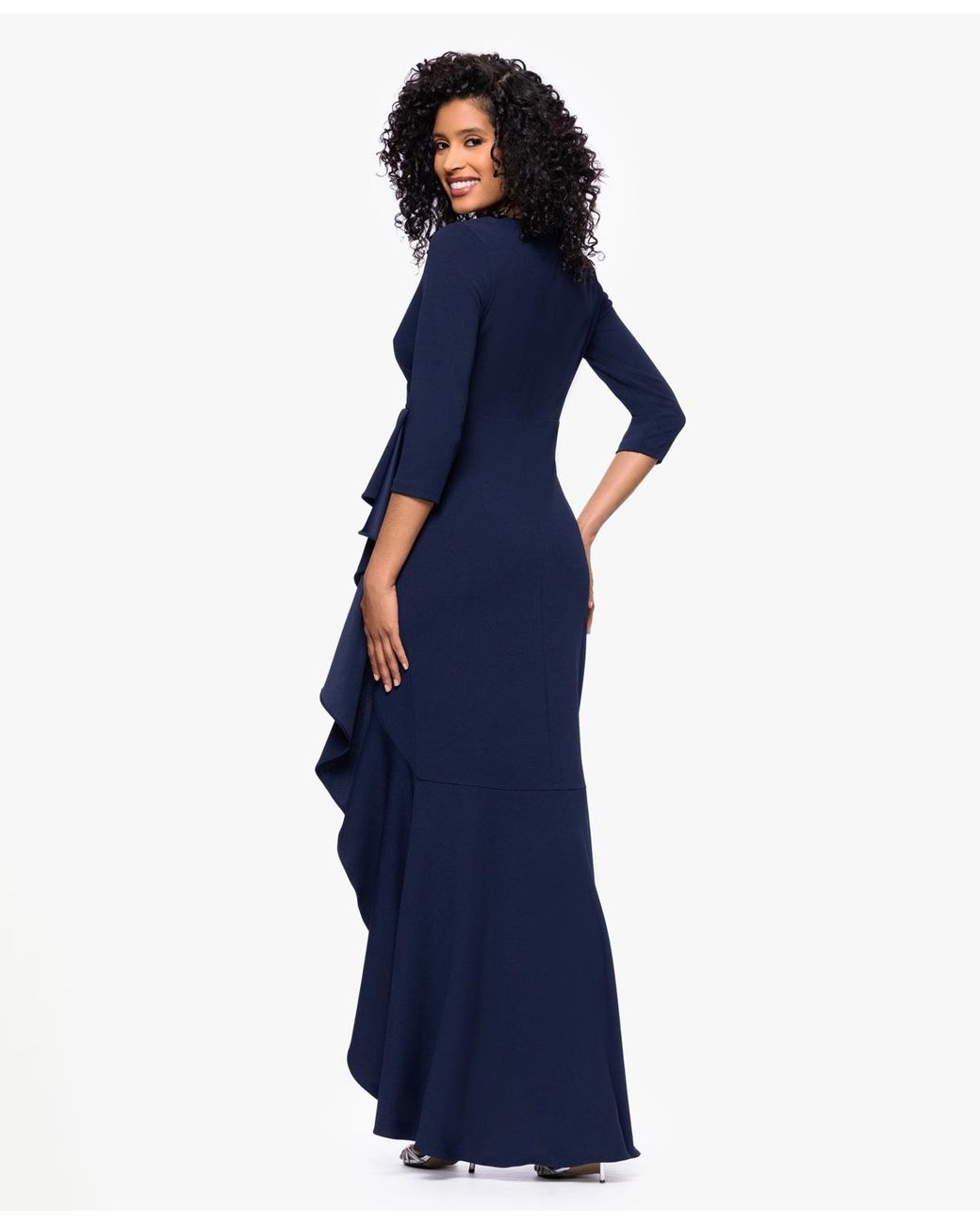 Betsy & Adam Long Cascading Ruffle Gown in Blue | Lyst